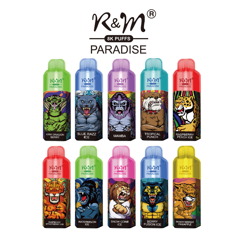 USA Royaume-Uni Populaire Létrange du jus de vape de longue durée 2% 5% Saline Nicotine RVB Lumière 8K R&M Paradis Disposable Dispositif Disposable Disposable Disposy Vape Vape